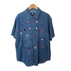 Vintage Quizz New York Womens Denim Top Size‎ 20 Embroidered Hearts 100% Cotton